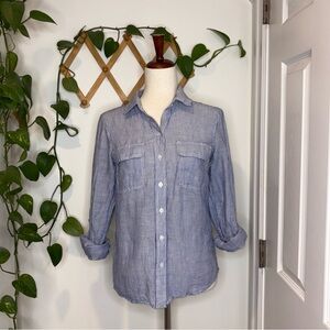 KENAR Blue Casual Button Linen Blend Button Down Shirt